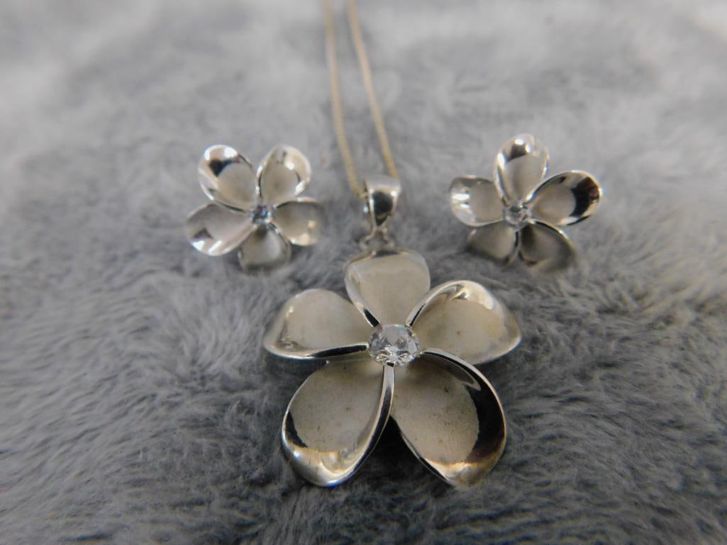 Sterling Silver - Dogwood Blossom - 16" Necklace and Matching Pierced Earrings - 7.13 Grams - 9