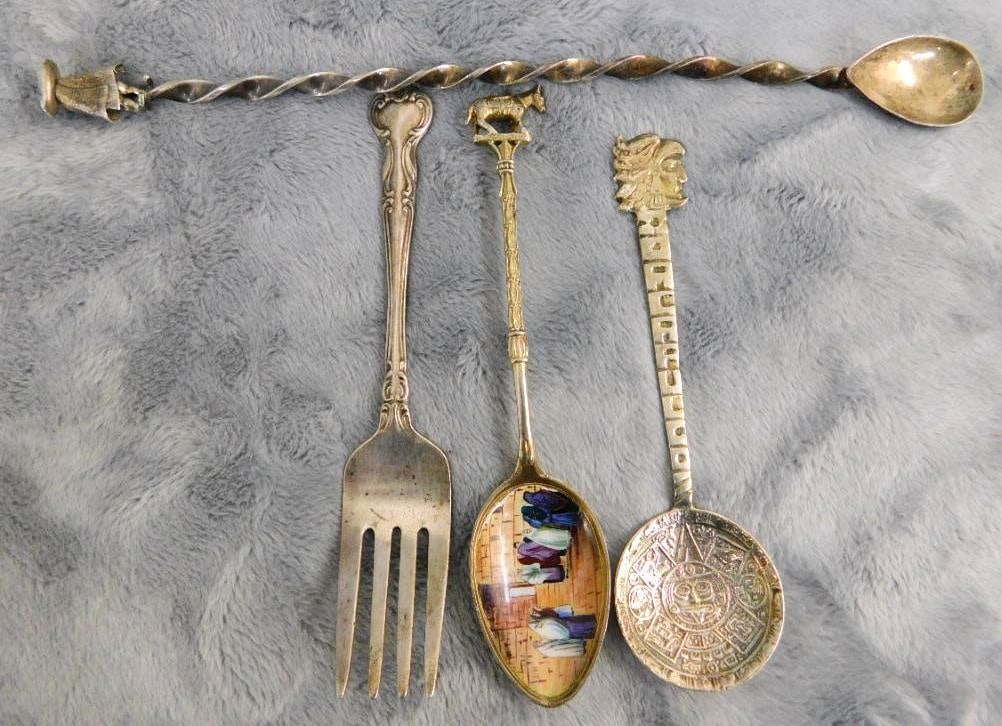 Sterling Silver - 3 Collector Spoons - 1 Fork: See Photos For Condition and Details