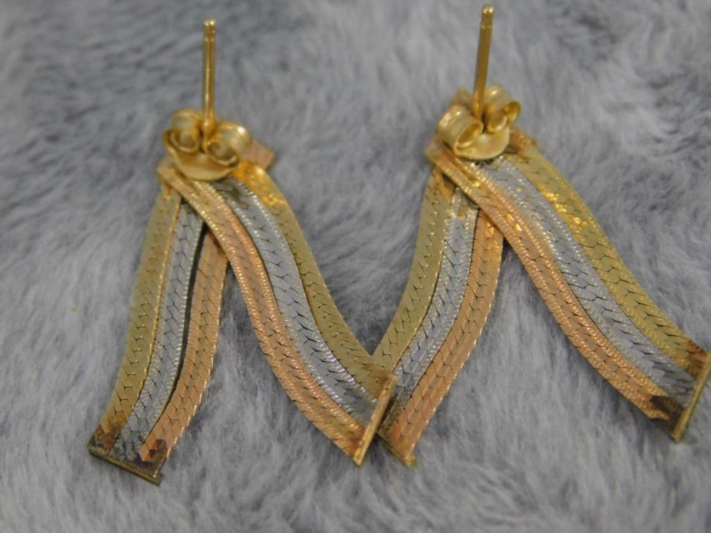 14K Tri Colored Gold - Pierced Earrings - 2.76 Grams - 4