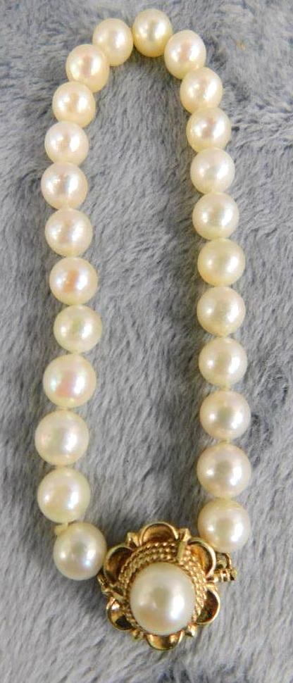 14K Yellow Gold Clasp - 7" Natural Pearl Bracelet - 10.09 Grams TW: XRF Tested - See Photos For Condition and Details