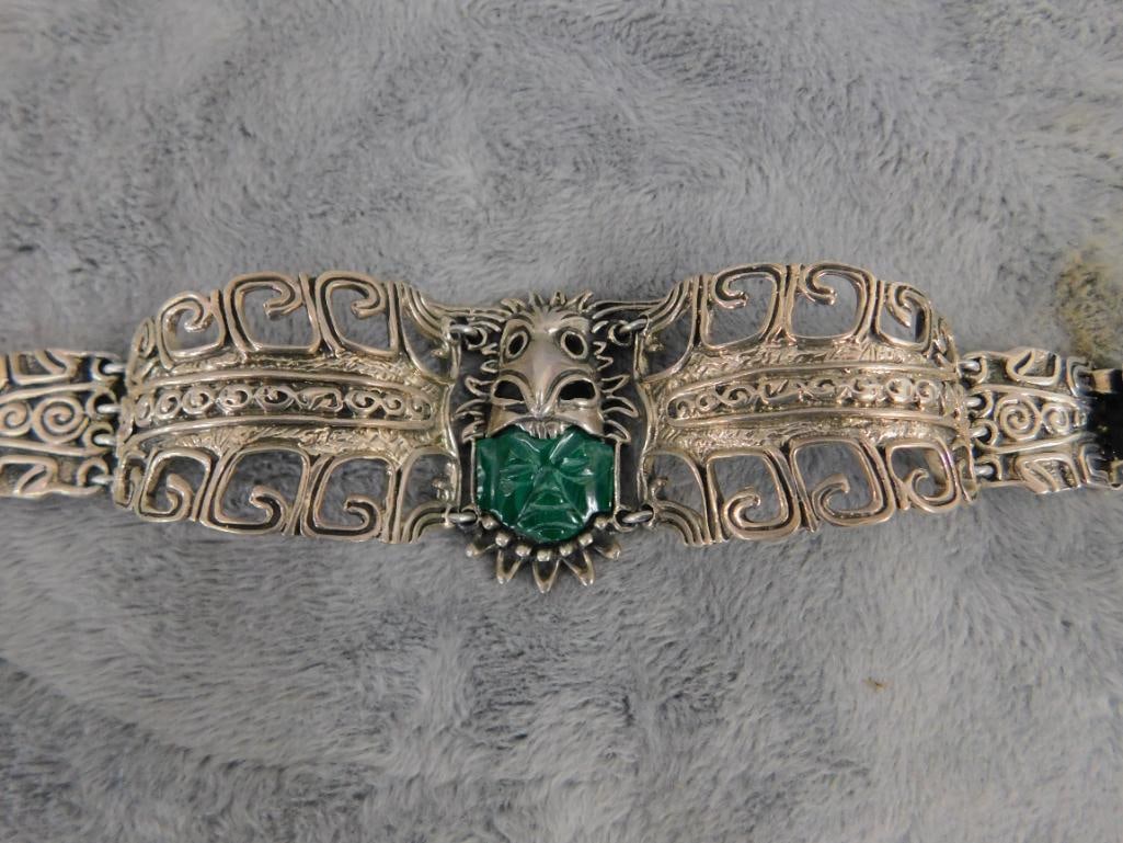 Sterling Silver - Taxco Bracelet - Malachite Face - Detailed - 59.69 Grams TW - 10
