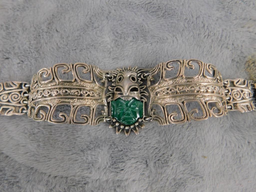 Sterling Silver - Taxco Bracelet - Malachite Face - Detailed - 59.69 Grams TW - 11