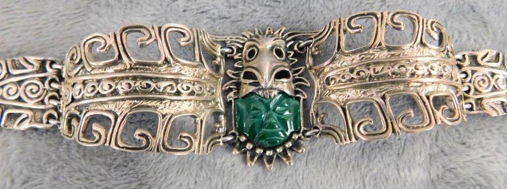 Sterling Silver - Taxco Bracelet - Malachite Face - Detailed - 59.69 Grams TW: See Photos For Condition and Details