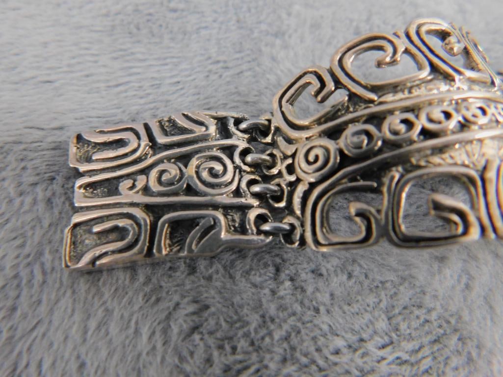 Sterling Silver - Taxco Bracelet - Malachite Face - Detailed - 59.69 Grams TW - 2