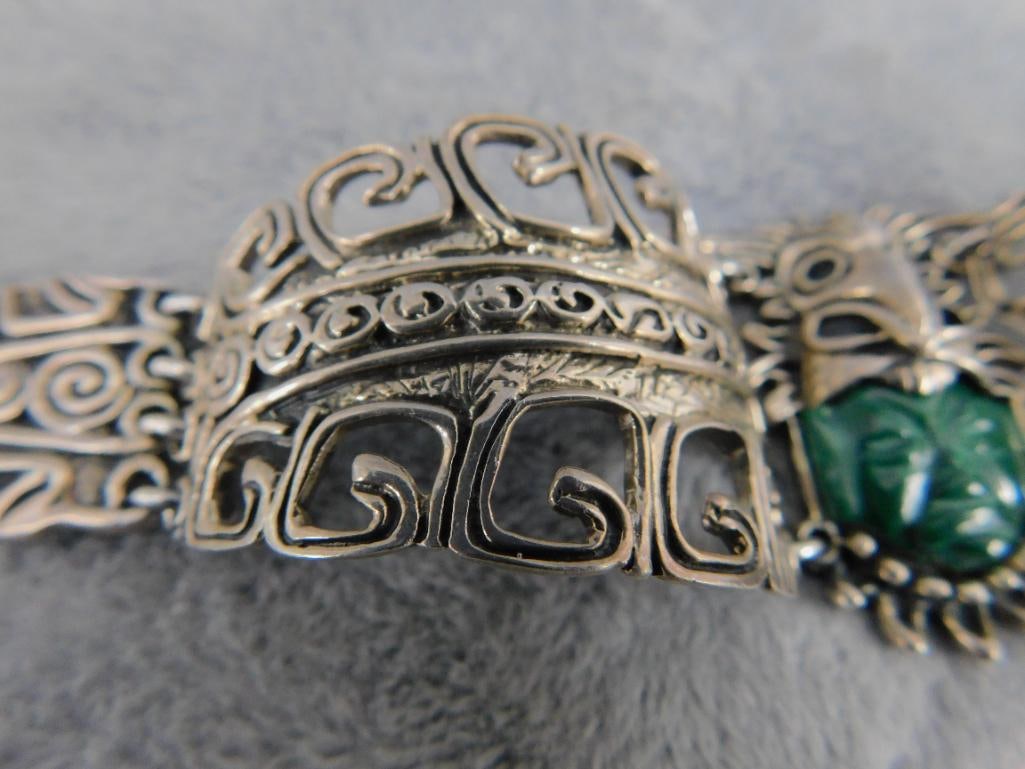 Sterling Silver - Taxco Bracelet - Malachite Face - Detailed - 59.69 Grams TW - 3