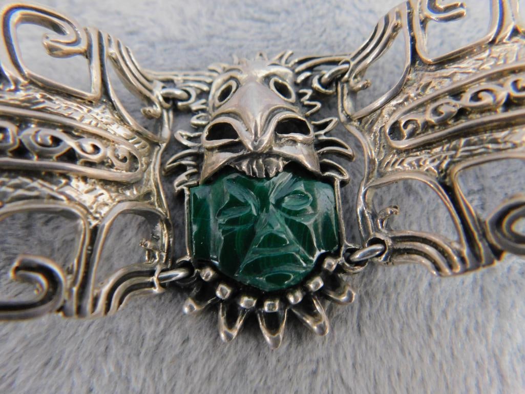 Sterling Silver - Taxco Bracelet - Malachite Face - Detailed - 59.69 Grams TW - 4
