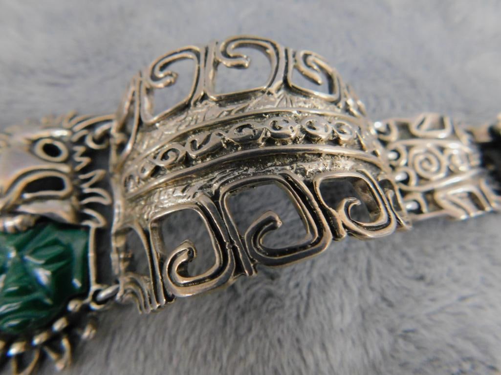 Sterling Silver - Taxco Bracelet - Malachite Face - Detailed - 59.69 Grams TW - 5
