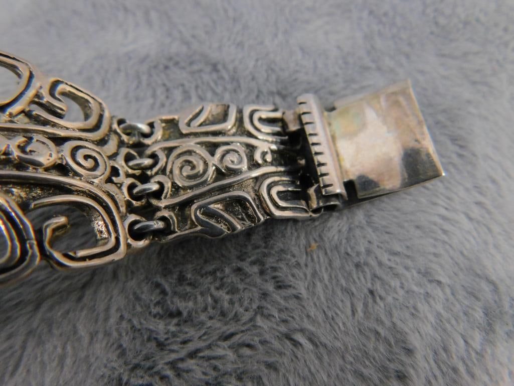 Sterling Silver - Taxco Bracelet - Malachite Face - Detailed - 59.69 Grams TW - 6