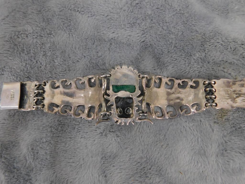 Sterling Silver - Taxco Bracelet - Malachite Face - Detailed - 59.69 Grams TW - 8