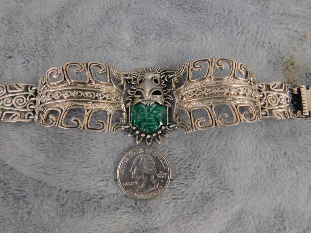Sterling Silver - Taxco Bracelet - Malachite Face - Detailed - 59.69 Grams TW - 9