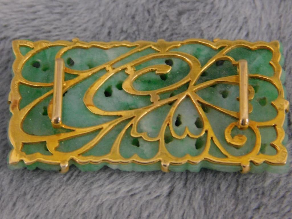 18K Yellow Gold - Carved Jade Kimono Accessory Brooch - 12.05 Grams TW - 4