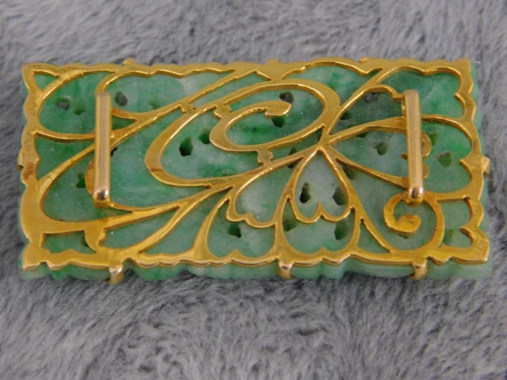 18K Yellow Gold - Carved Jade Kimono Accessory Brooch - 12.05 Grams TW - 6
