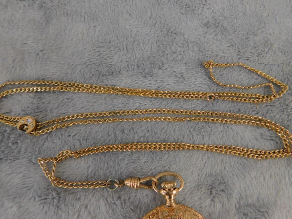 14K Tri Colored Gold Elgin Ladies Pocket Watch 33.57 Grams TW - Albro Gold Filled Chain - 12