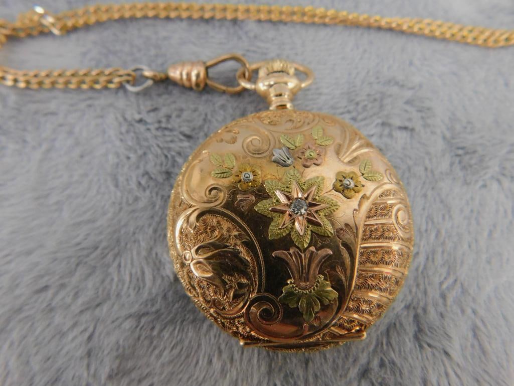 14K Tri Colored Gold Elgin Ladies Pocket Watch 33.57 Grams TW - Albro Gold Filled Chain - 13