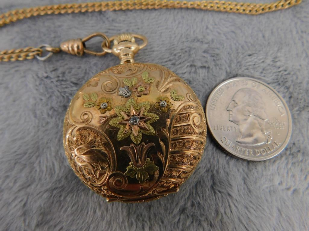 14K Tri Colored Gold Elgin Ladies Pocket Watch 33.57 Grams TW - Albro Gold Filled Chain - 14