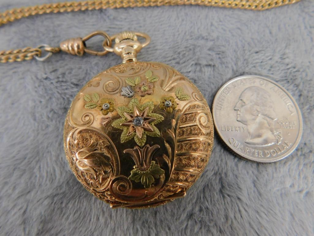 14K Tri Colored Gold Elgin Ladies Pocket Watch 33.57 Grams TW - Albro Gold Filled Chain - 15