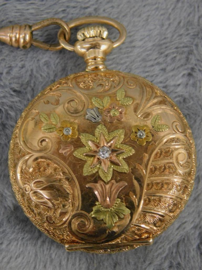 14K Tri Colored Gold Elgin Ladies Pocket Watch 33.57 Grams TW - Albro Gold Filled Chain - 16