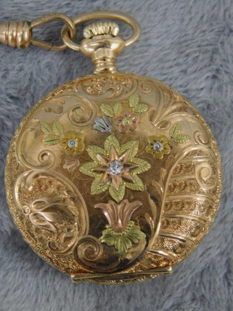 14K Tri Colored Gold Elgin Ladies Pocket Watch 33.57 Grams TW - Albro Gold Filled Chain - 17