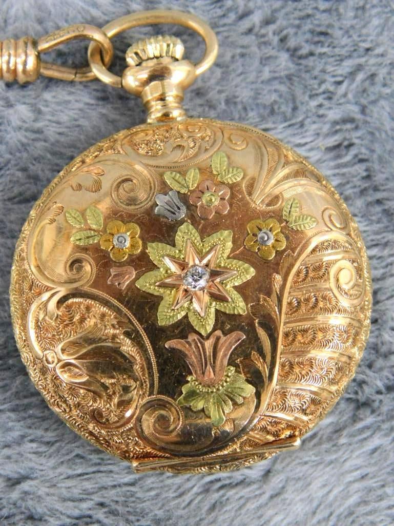 14K Tri Colored Gold Elgin Ladies Pocket Watch 33.57 Grams TW - Albro Gold Filled Chain: XRF Tested - See Photos For Condition and Details