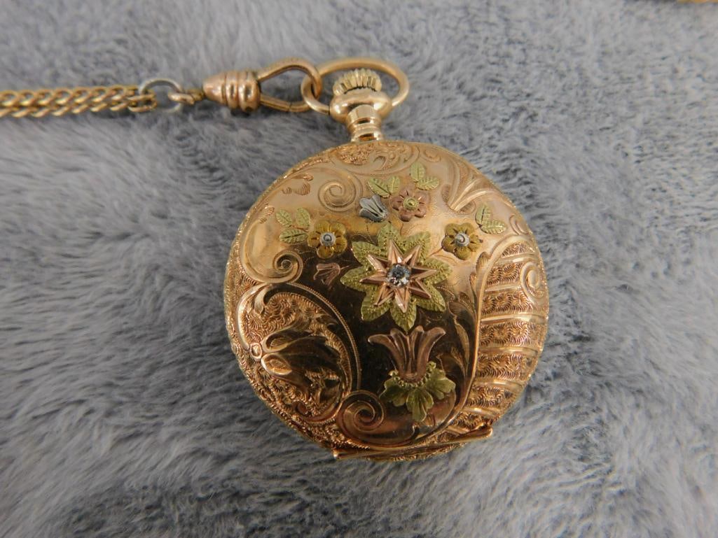 14K Tri Colored Gold Elgin Ladies Pocket Watch 33.57 Grams TW - Albro Gold Filled Chain - 2