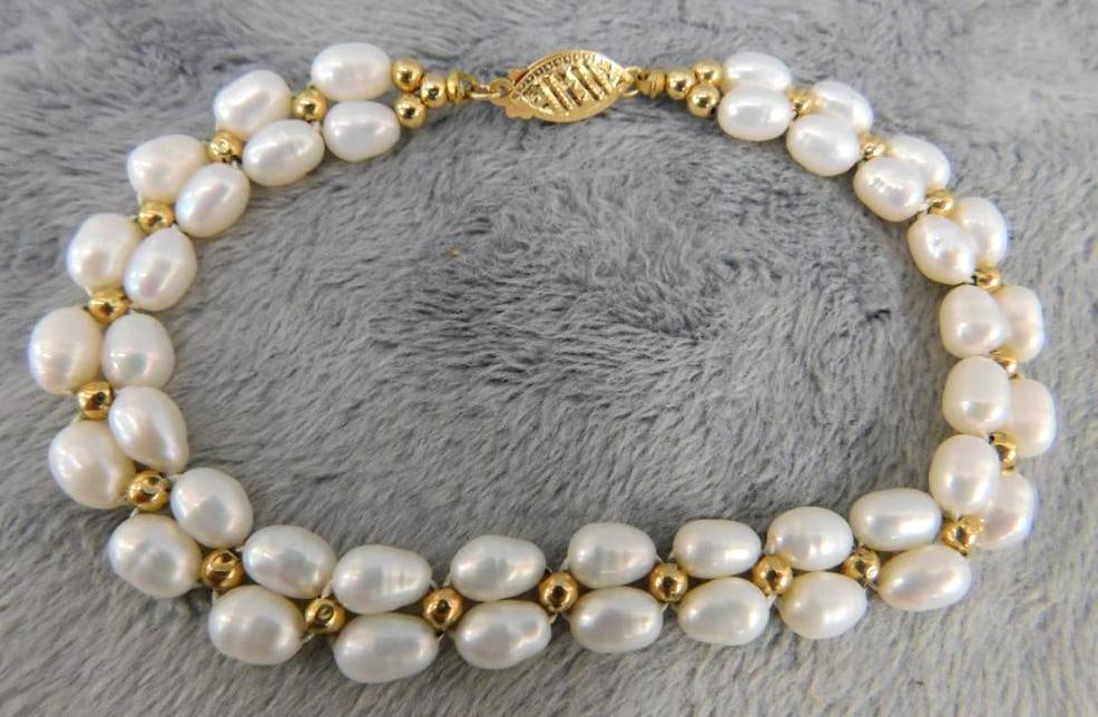 14K Yellow Gold Clasp and Beads - 7.25" Natural Pearl Bracelet - 9.0 Grams TW: XRF Tested - See Photos For Condition and Details