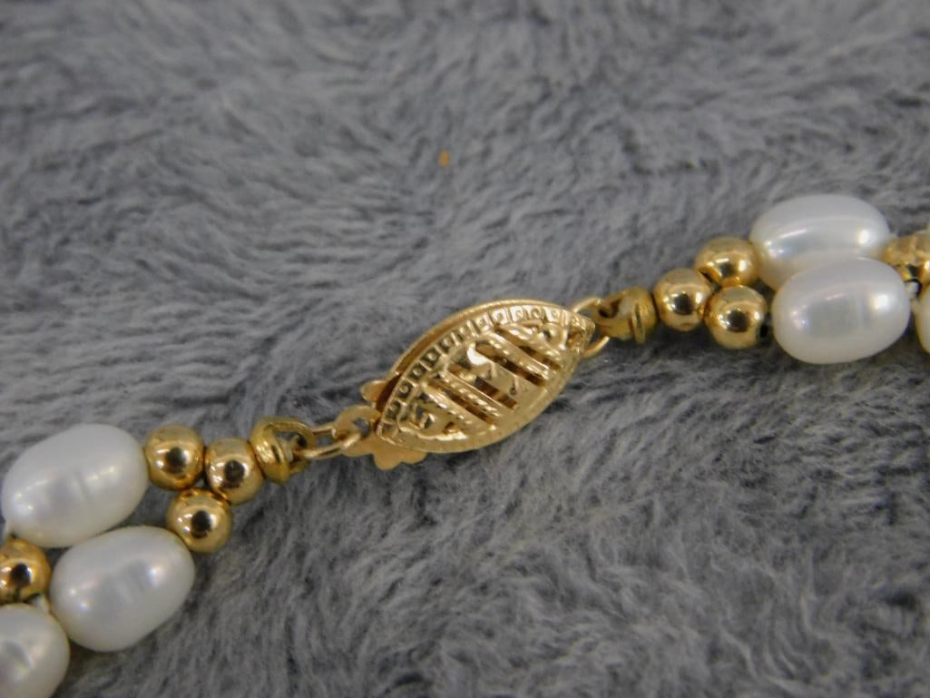 14K Yellow Gold Clasp and Beads - 7.25" Natural Pearl Bracelet - 9.0 Grams TW - 2