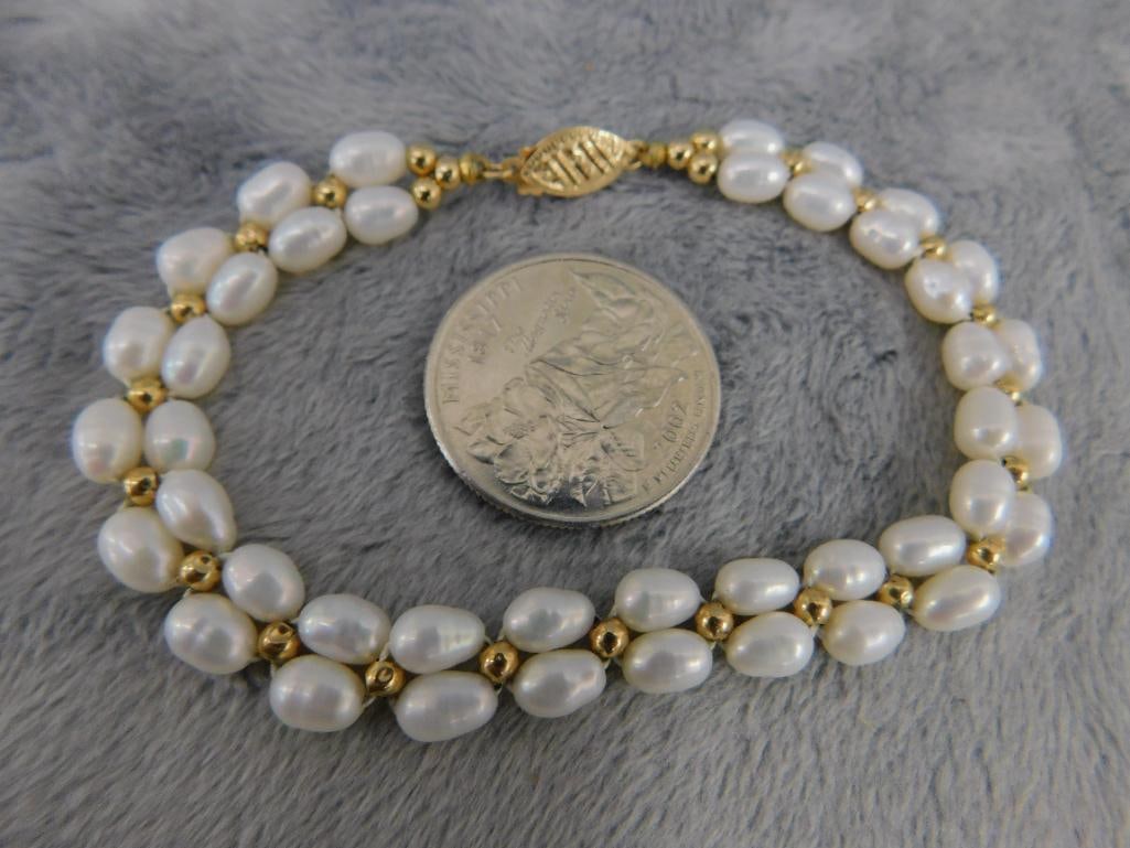 14K Yellow Gold Clasp and Beads - 7.25" Natural Pearl Bracelet - 9.0 Grams TW - 7