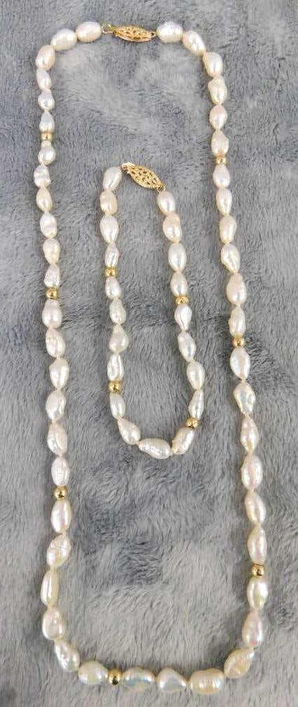 14K Yellow Gold Clasp and Beads - 19" Necklace - 7.75" Bracelet - Fresh Water Pearls: 22.56 Grams TW - XRF Tested - See Photos For Condition and Details