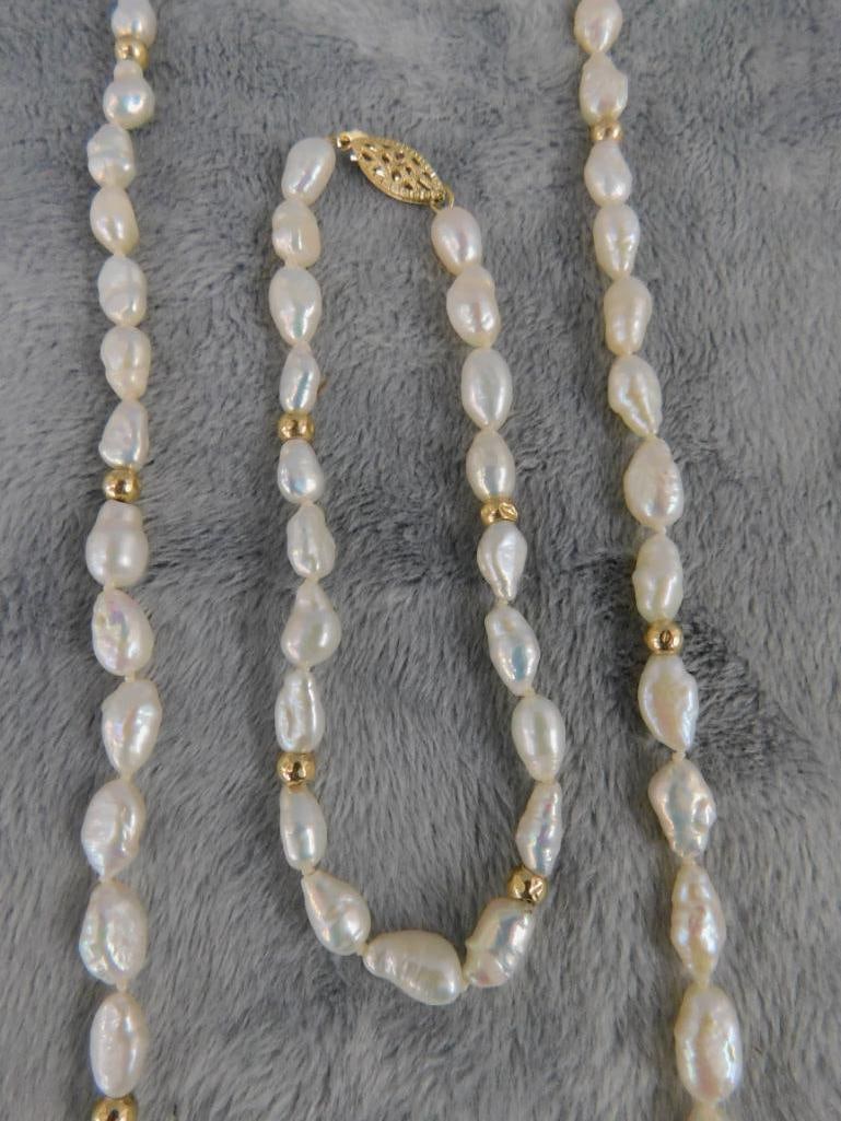 14K Yellow Gold Clasp and Beads - 19" Necklace - 7.75" Bracelet - Fresh Water Pearls - 2