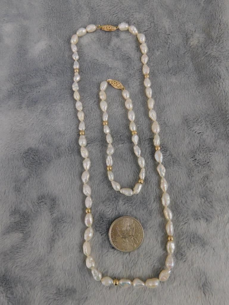 14K Yellow Gold Clasp and Beads - 19" Necklace - 7.75" Bracelet - Fresh Water Pearls - 8