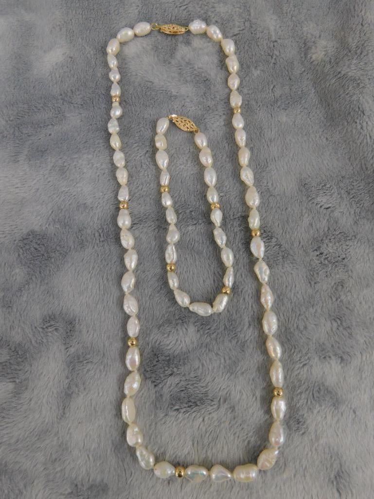 14K Yellow Gold Clasp and Beads - 19" Necklace - 7.75" Bracelet - Fresh Water Pearls - 9