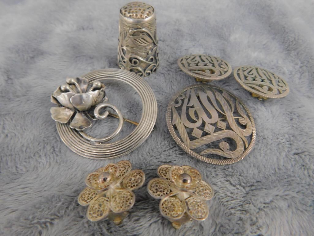 Sterling Silver - Mexican Thimble - Jewelart Brooch - Brooch and Earring Set - Earrings - 10