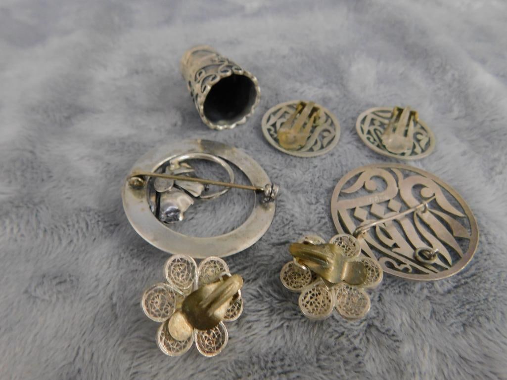 Sterling Silver - Mexican Thimble - Jewelart Brooch - Brooch and Earring Set - Earrings - 7