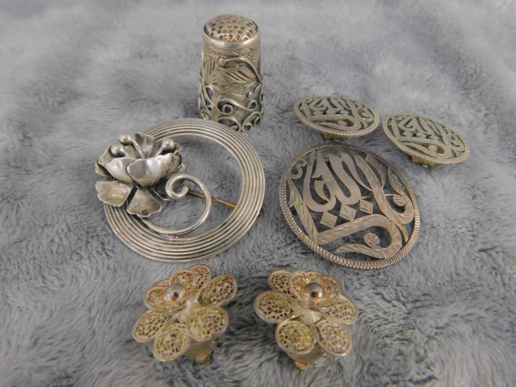 Sterling Silver - Mexican Thimble - Jewelart Brooch - Brooch and Earring Set - Earrings - 8
