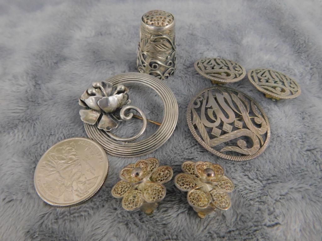Sterling Silver - Mexican Thimble - Jewelart Brooch - Brooch and Earring Set - Earrings - 9