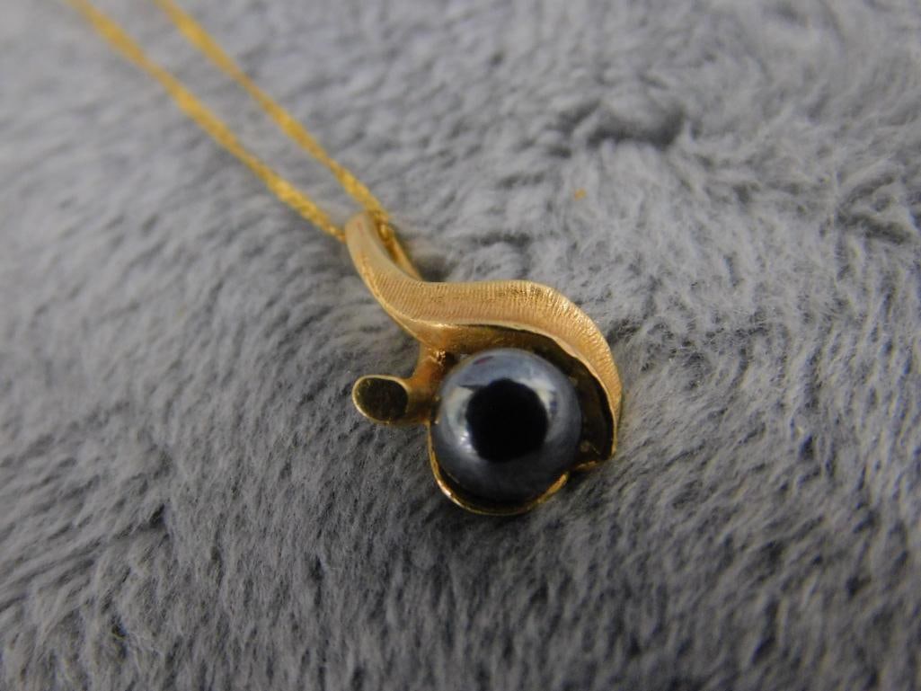 14K Yellow Gold - 16" Pendant Necklace - Black Pearl - 1.51 Grams TW - 2