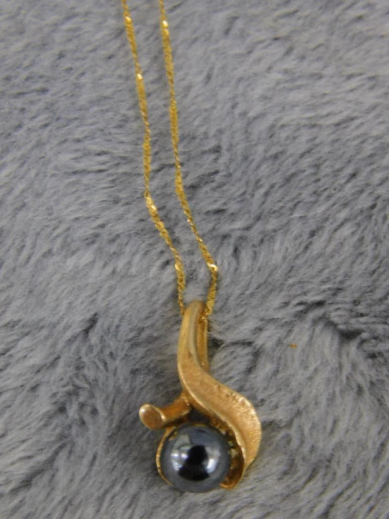 14K Yellow Gold - 16" Pendant Necklace - Black Pearl - 1.51 Grams TW - 7