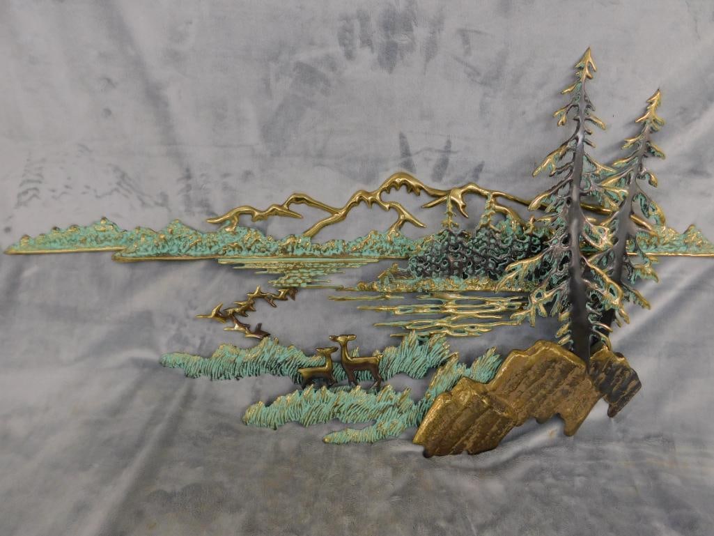 Heavy Brass Wall Hung Sculpture - Deer in Forest - 18" x 35.5" x 3" - 10