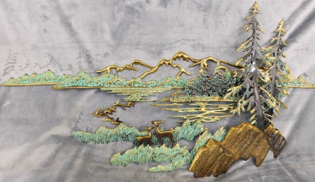 Heavy Brass Wall Hung Sculpture - Deer in Forest - 18" x 35.5" x 3": See Photos For Condition and Details
