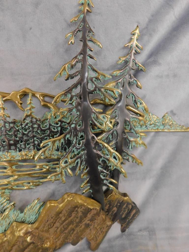 Heavy Brass Wall Hung Sculpture - Deer in Forest - 18" x 35.5" x 3" - 2