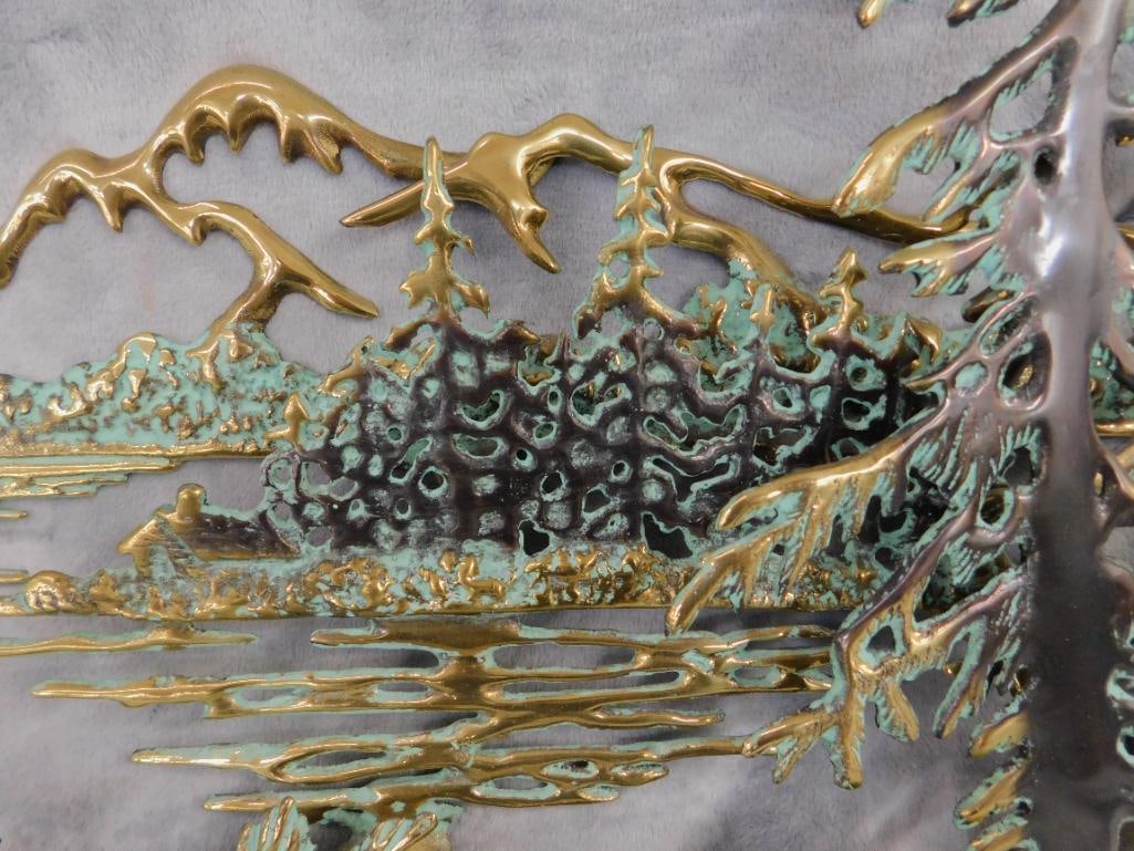 Heavy Brass Wall Hung Sculpture - Deer in Forest - 18" x 35.5" x 3" - 3