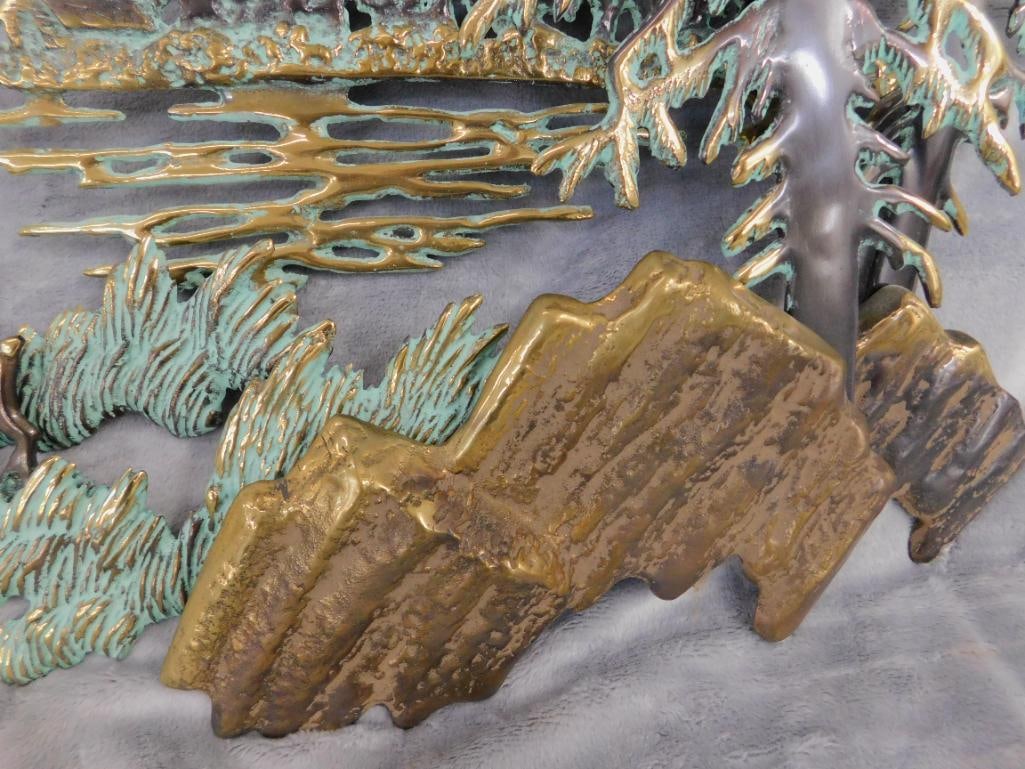 Heavy Brass Wall Hung Sculpture - Deer in Forest - 18" x 35.5" x 3" - 4