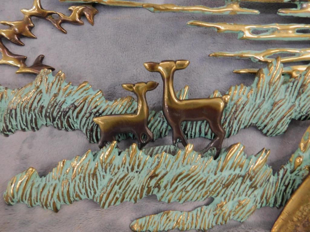 Heavy Brass Wall Hung Sculpture - Deer in Forest - 18" x 35.5" x 3" - 5