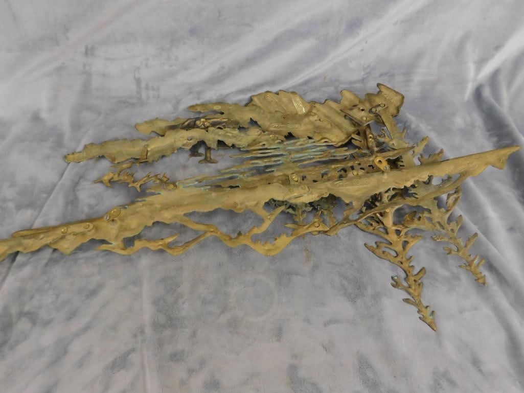 Heavy Brass Wall Hung Sculpture - Deer in Forest - 18" x 35.5" x 3" - 8
