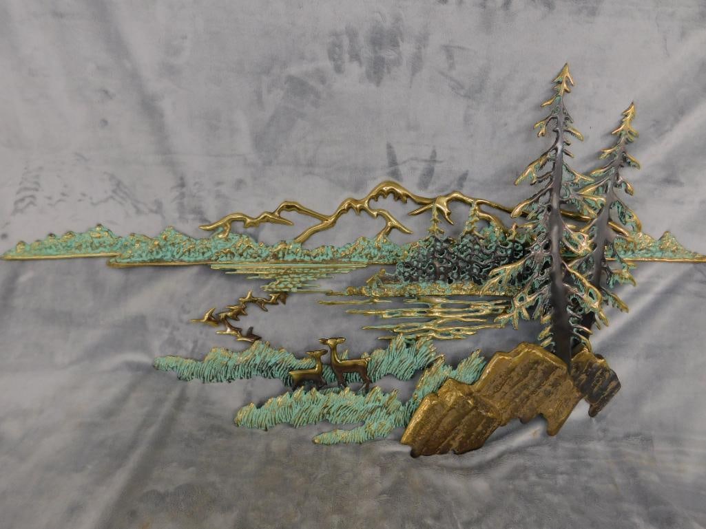 Heavy Brass Wall Hung Sculpture - Deer in Forest - 18" x 35.5" x 3" - 9