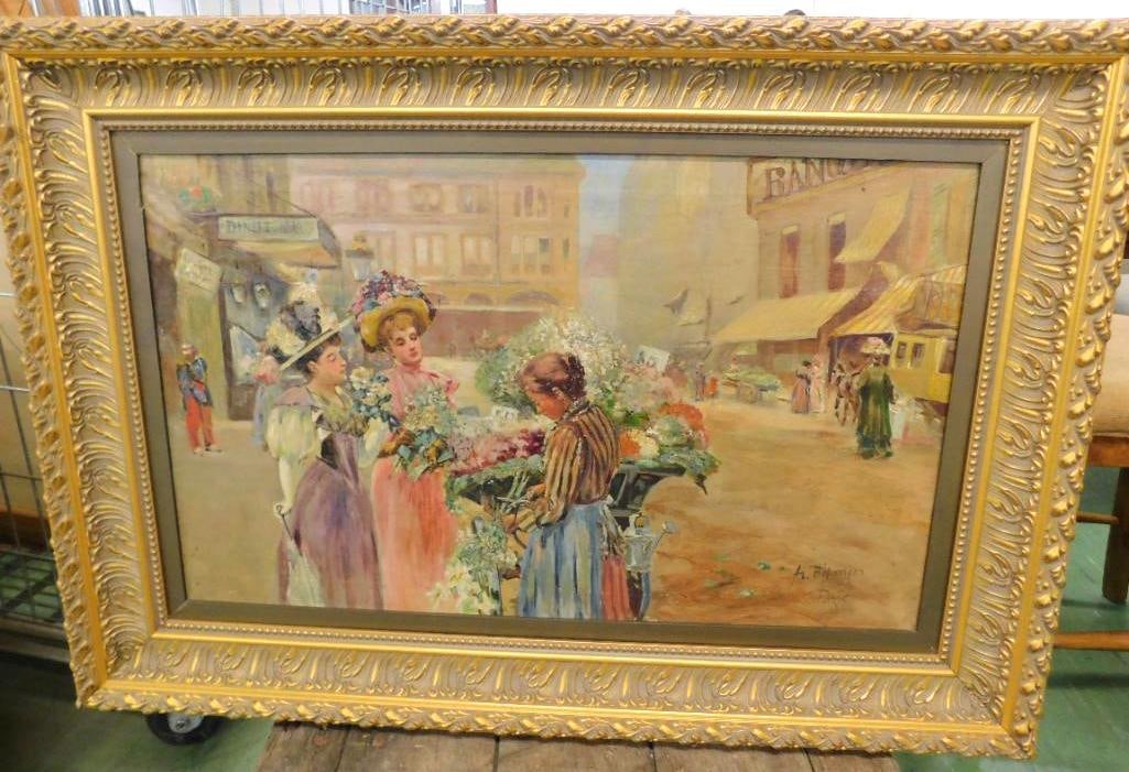 Vintage Oil on Canvas - Ornate Gilded Frame - Signed - Paris - 33.5" x 46.5": See Photos For Condition and Details