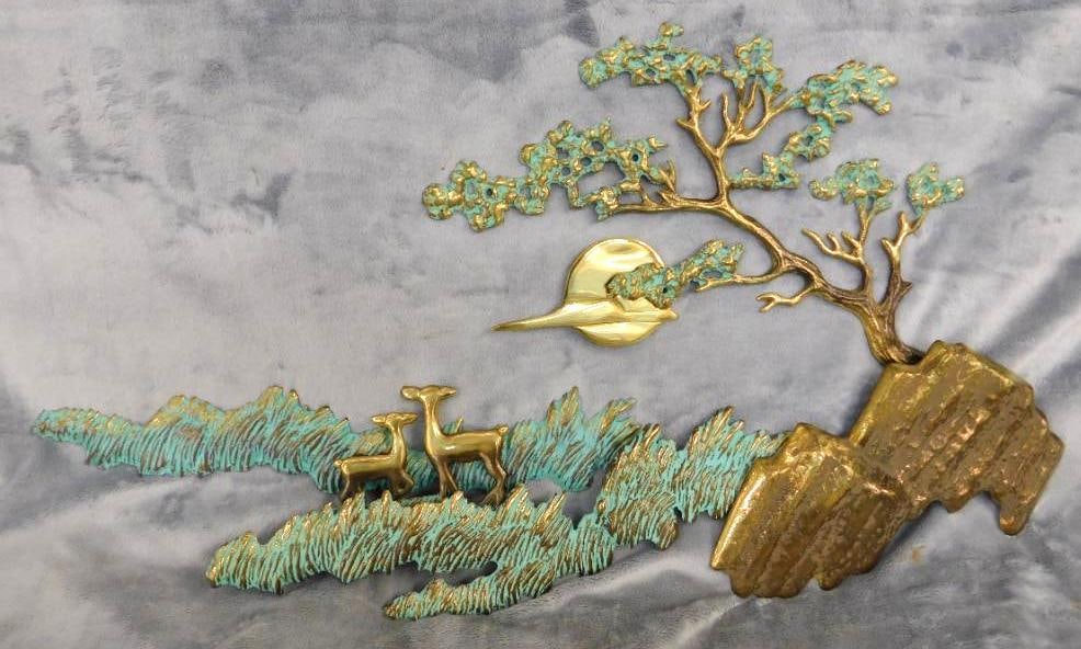Heavy Brass Wall Hung Sculpture - Deer in Forest - 13" x 24" x 3": See Photos For Condition and Details