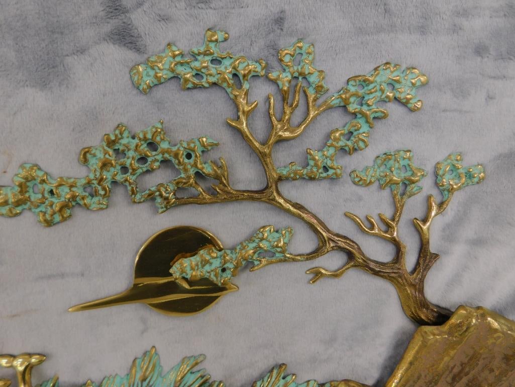 Heavy Brass Wall Hung Sculpture - Deer in Forest - 13" x 24" x 3" - 2