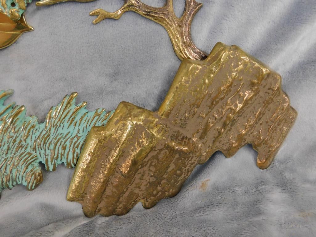Heavy Brass Wall Hung Sculpture - Deer in Forest - 13" x 24" x 3" - 3