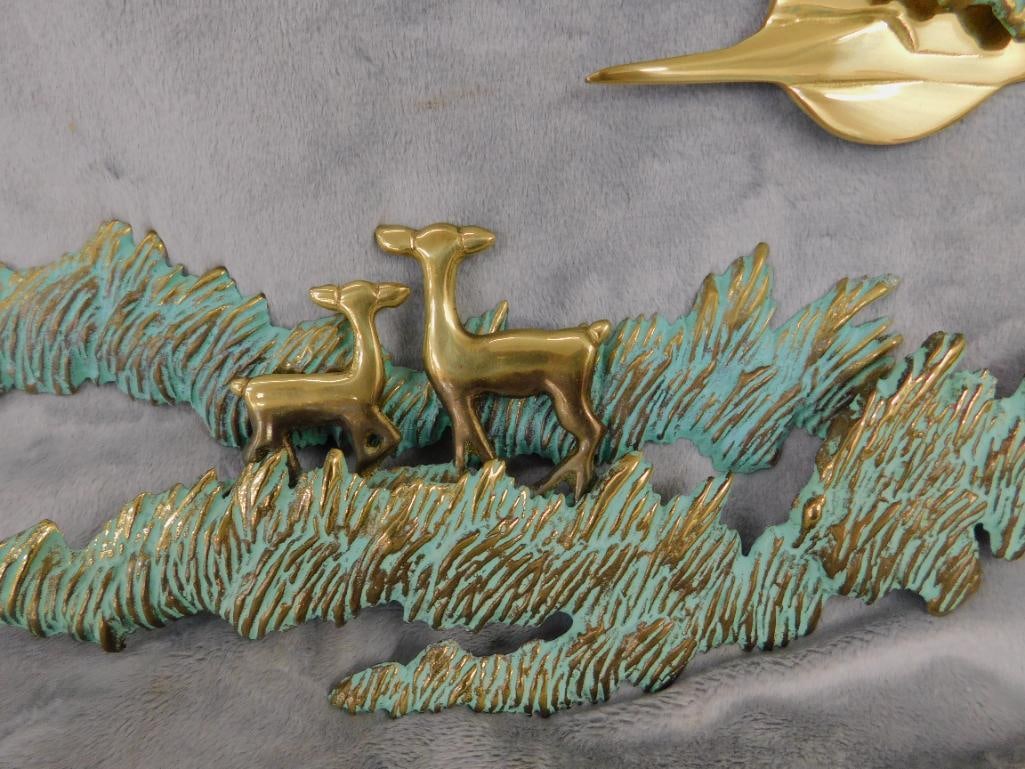 Heavy Brass Wall Hung Sculpture - Deer in Forest - 13" x 24" x 3" - 4